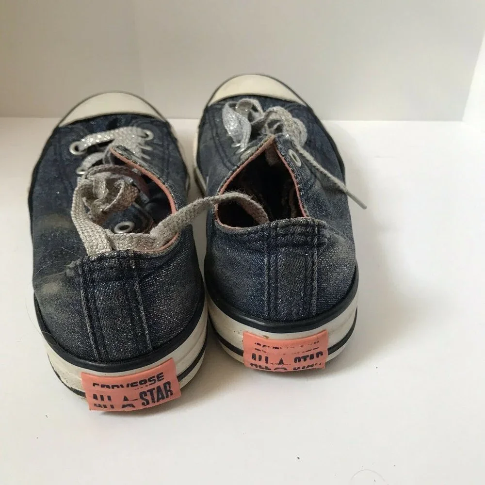Converse All Star Kids Blue Glitter Denim‎ Low Top Sneakers Silver Laces Size 3Y